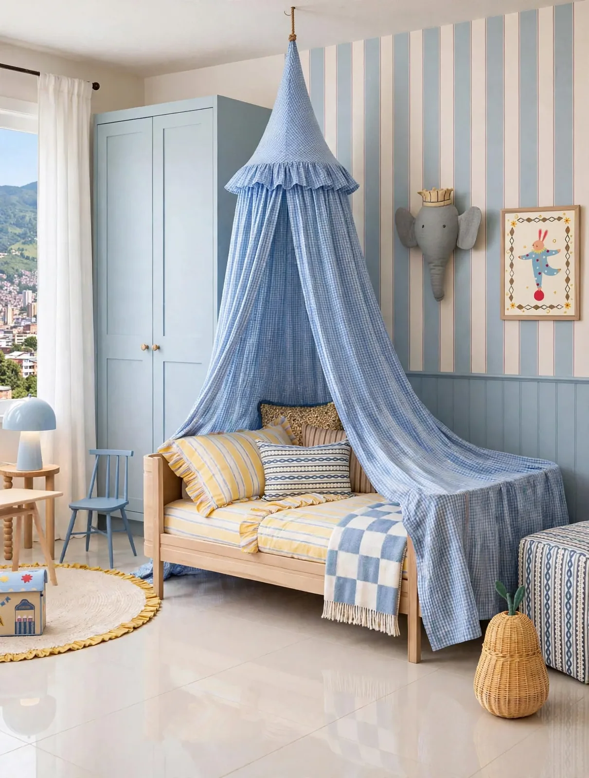 Canopy de cuadros vichy azul sobre una cama infantil de madera, en una habitación de paredes a rayas azules.