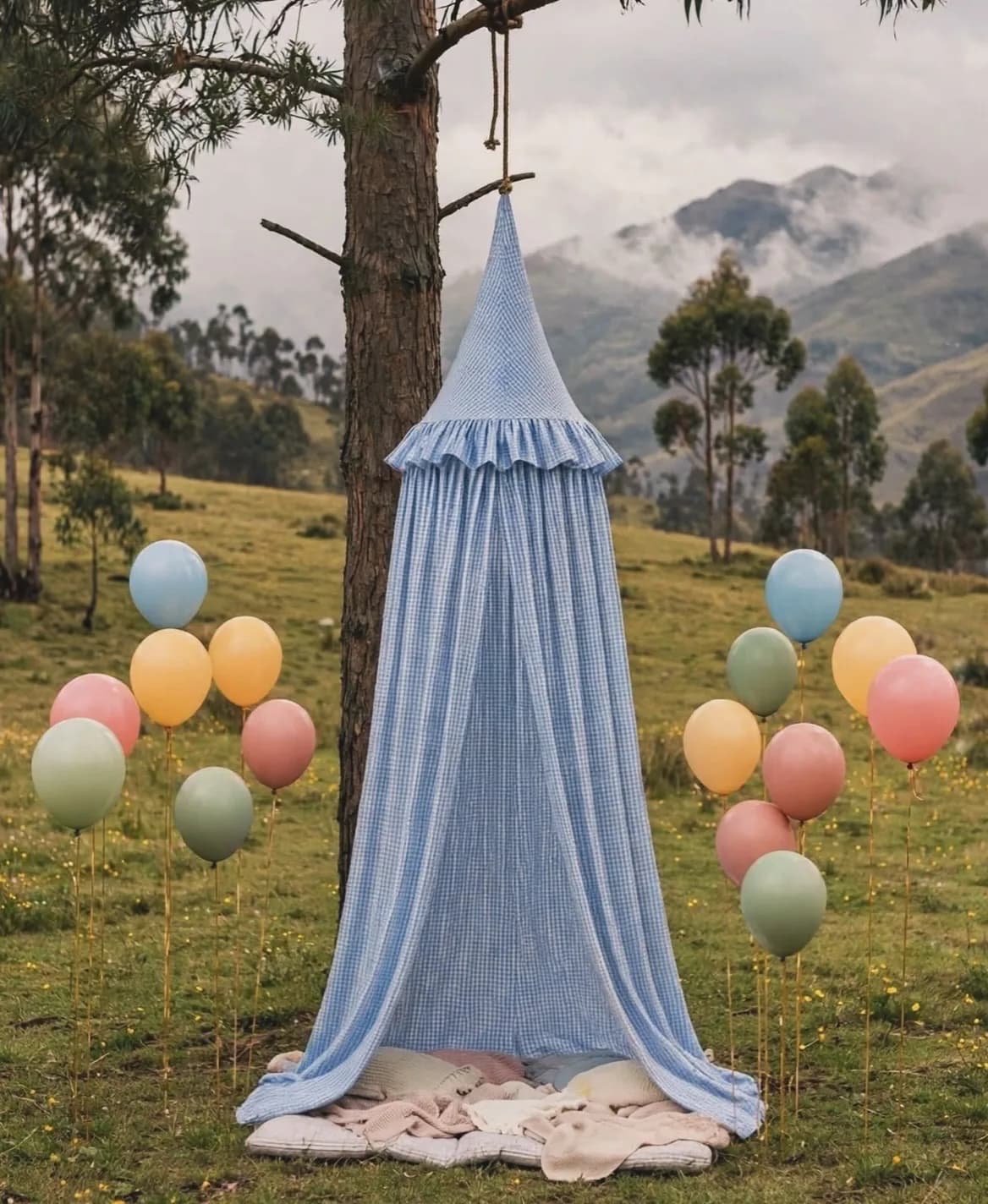Canopy de cuadros vichy colgado de un árbol en el campo, rodeado de globos de colores y con cojines en el pasto.