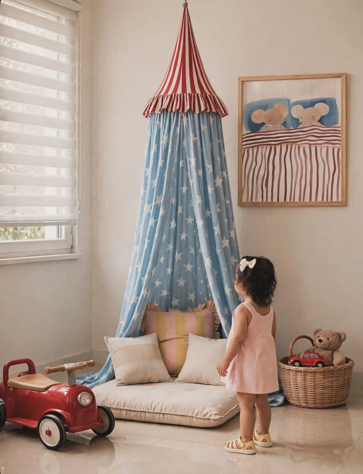Una niña mira el canopy de estrellas instalado en la esquina de su cuarto, con cojines en el suelo.