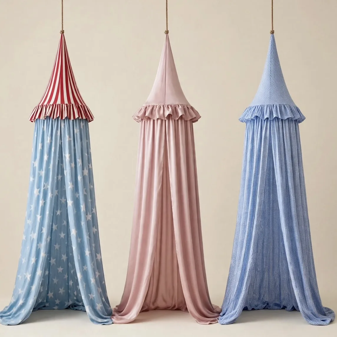 Los tres diseños del canopy colgados uno junto a otro: estrellas con copa a rayas, rosa y cuadros vichy azul.