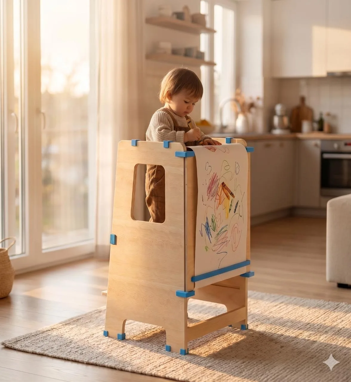 Niño de pie dentro de la Torre de Aprendizaje, dibujando con crayones sobre un tablero de papel, en una cocina con luz cálida de atardecer y ventanales grandes al fondo.