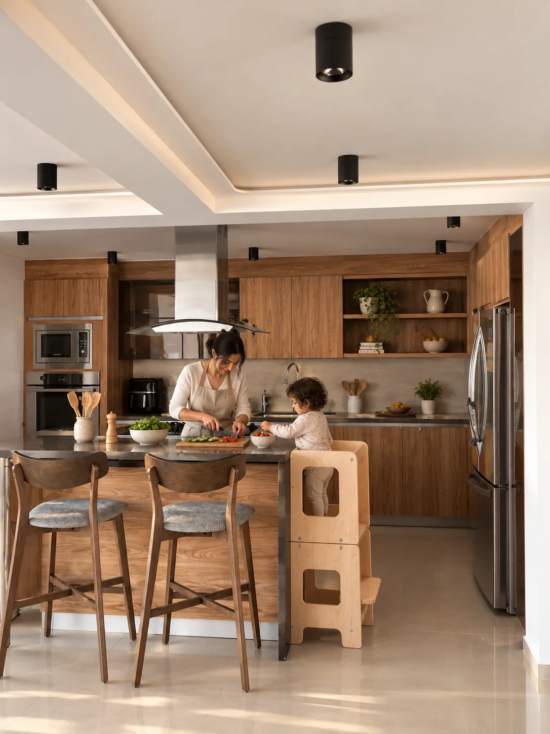 Madre e hija cocinan juntas; la niña alcanza la encimera subida en la Torre de Aprendizaje modular.