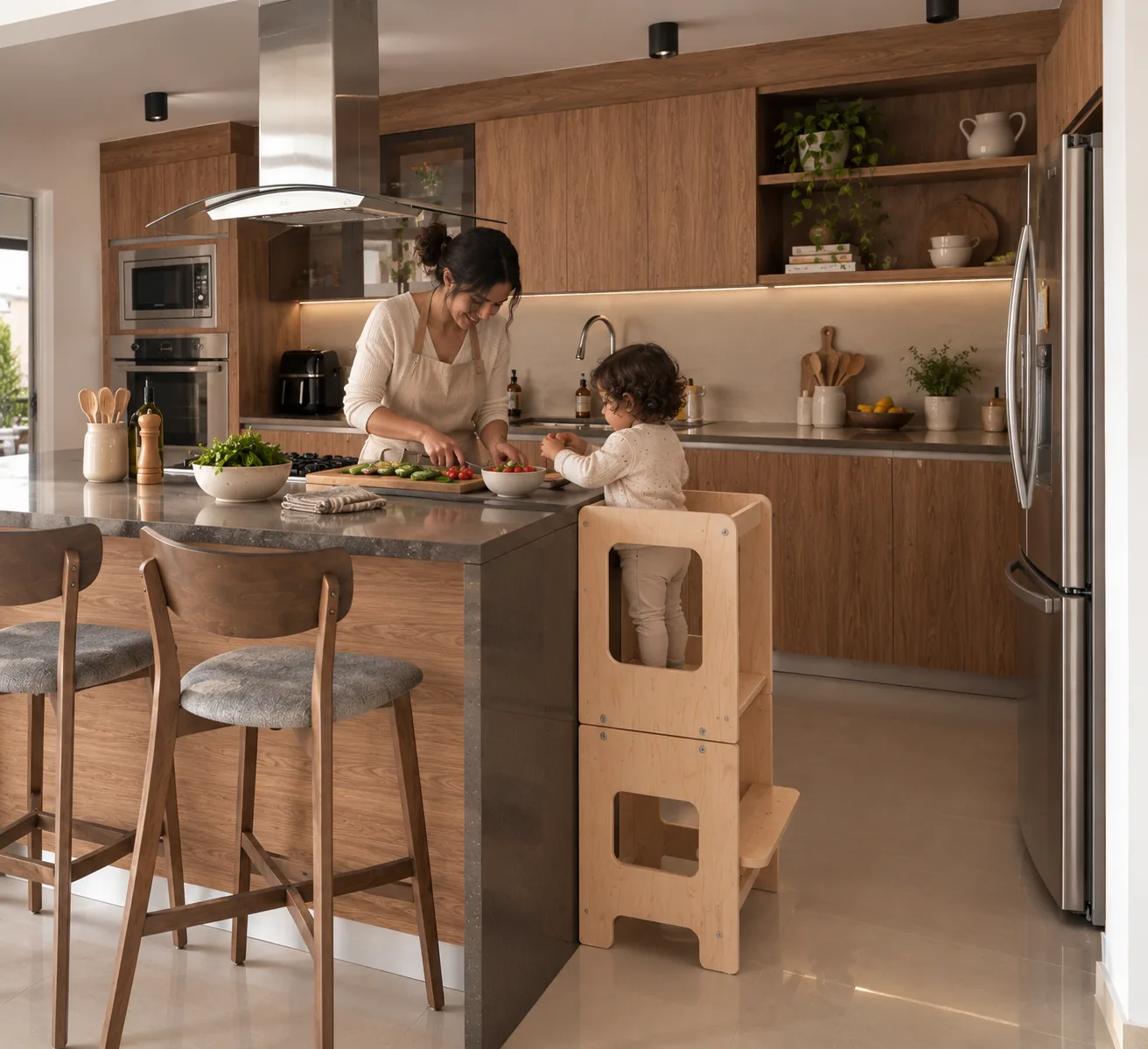 Una niña de pie en la Torre de Aprendizaje modular, junto a la isla de la cocina, ayuda a su mamá a preparar una ensalada.